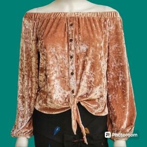 IJOAH Blush Crushed Velvet Off Shoulder Tie Waist Long Sleeve Blouse